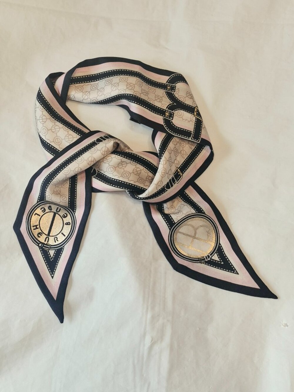 Vintage Henri Bendel 100% Silk Skinny Mini Scarf Pink / Black Buckle Print